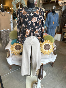 Black and Camel Floral Print Blouse