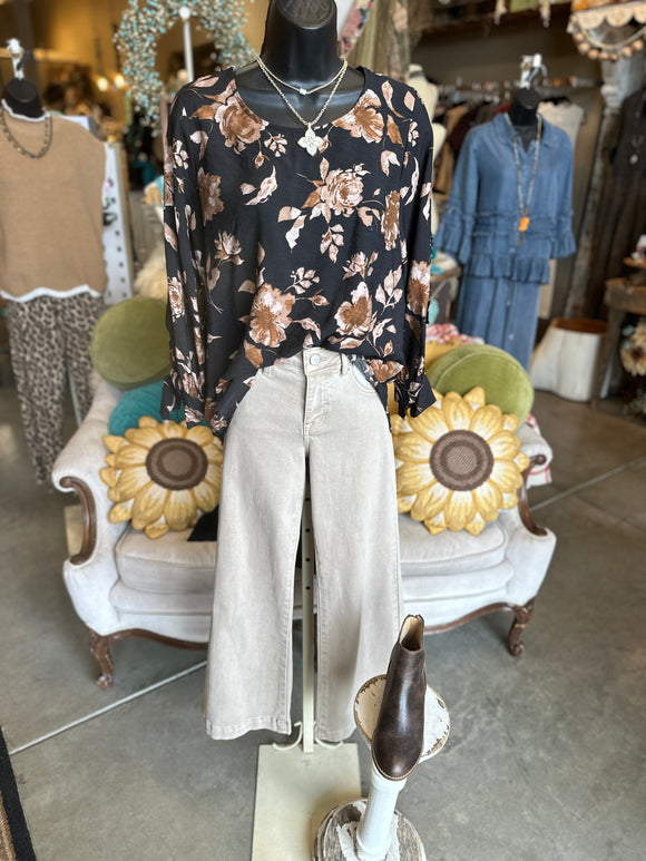 Black and Camel Floral Print Blouse