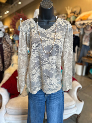 A Rare Bird Lace Top in Tan, Mint, White and Pink