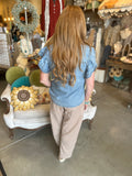 Washed Denim Ruffle Sleeve Blouse