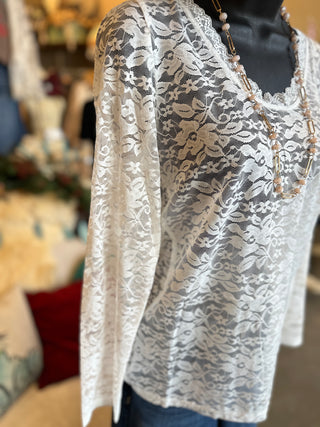 A Rare Bird Lace Top in Tan, Mint, White and Pink