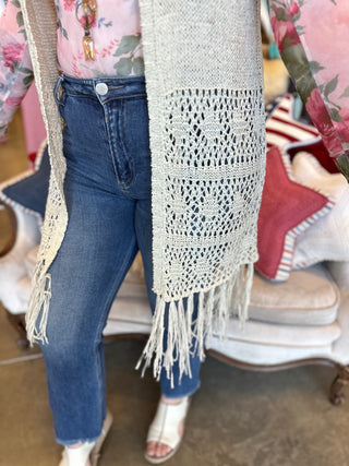 Cream Fringe Long Vest