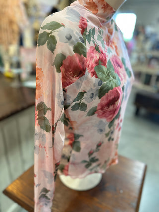 Pink and Green Floral Mesh Top