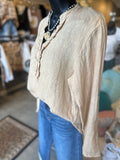 Linen Ruffle Neck Blouse in Beige, Black or Camel