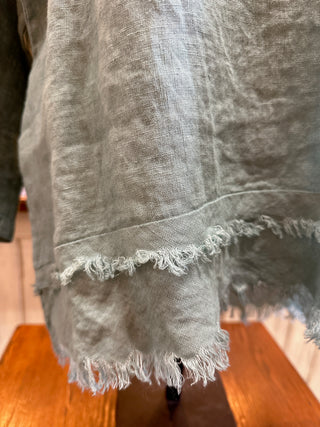 Linen 3/4 Sleeve Fringed Blouse in Black, Camel, Duck Green, White and Khaki