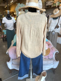 Linen Ruffle Neck Blouse in Beige, Black or Camel