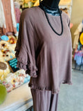 Teal, Oatmeal or Brown Ruffled Linen Blend Top