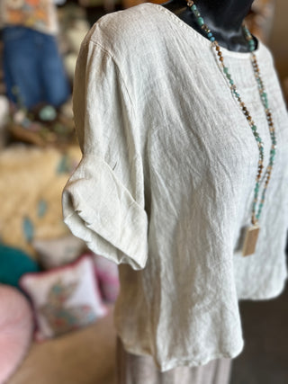 Linen Rolled Sleeve Top in Beige, Brown or Khaki