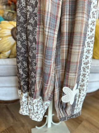 Mocha Plaid Floral Patch Pants