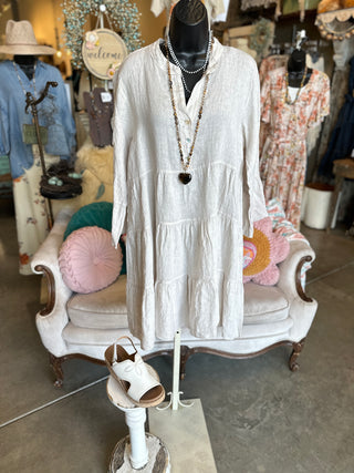 Tiered Linen Dress in Beige, Duck Green or Khaki