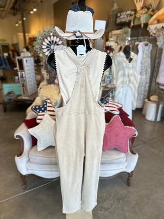 Washed Knot Strapped Overalls in Mahogany, Beige and Teal