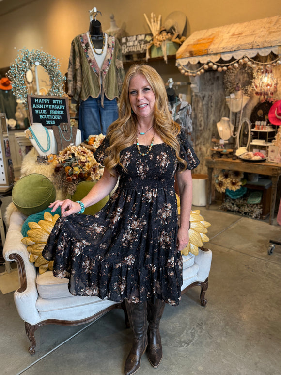 Black and Brown Floral Chiffon Dress