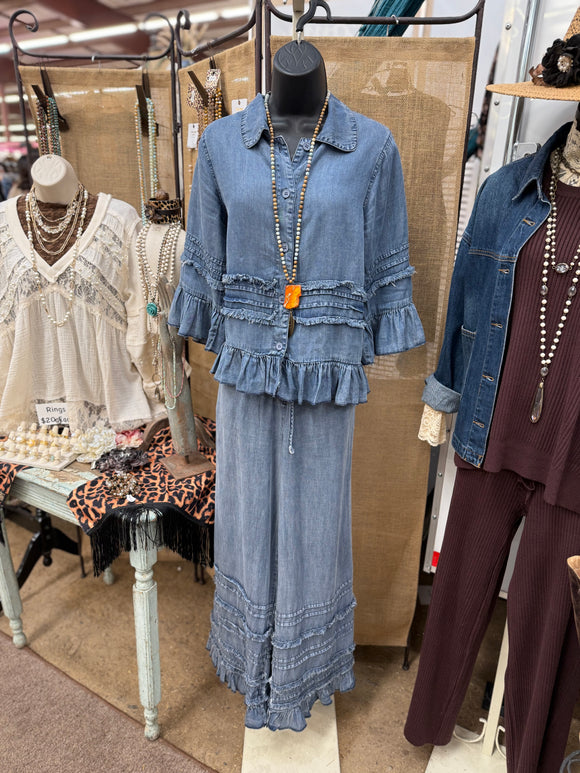 Indigo or Charcoal Ruffle Tencel Pant
