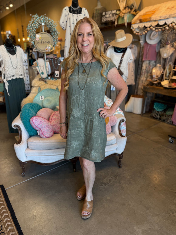 Linen Floral Print Dress in Black, Khaki or Camel