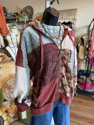 Brown or Marsala Patchwork Jacket with Hood