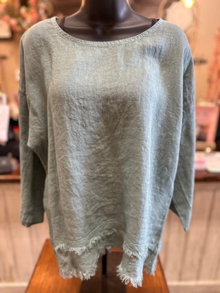 Linen 3/4 Sleeve Fringed Blouse in Black, Camel, Duck Green, White and Khaki