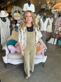 Tie Strap Twill Overalls in Denim, Light Camel and Violet