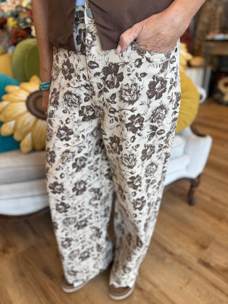 Brown and Cream Rose Print Jean