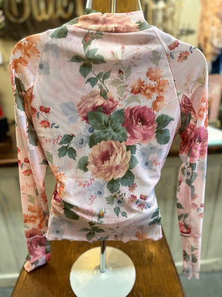 Pink and Green Floral Mesh Top