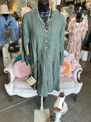 Tiered Linen Dress in Beige, Duck Green or Khaki