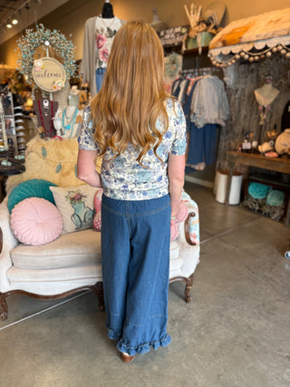 Ruffle Wide Leg Twill Pant in Denim or White