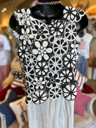 Black and Natural Crochet Sleeveless Top