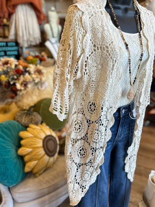 Crochet High Low Cardigan in Black, Brown and Natural