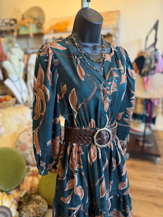Teal Green Floral Print Midi Dress