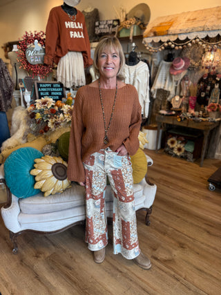 Slouchy Knit Sweater in Pecan Brown and Red Bean