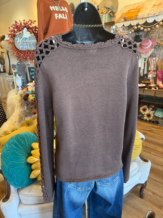 Brown Contrasting Crochet Knit Sweater