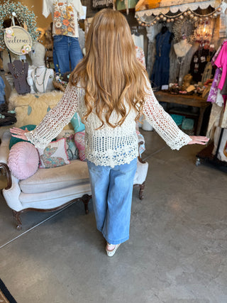 Beige V Neck Long Sleeve Crochet Top