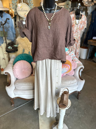 Linen Rolled Sleeve Top in Beige or Brown