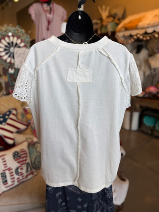 White Lace Sleeve Crochet Patch Top