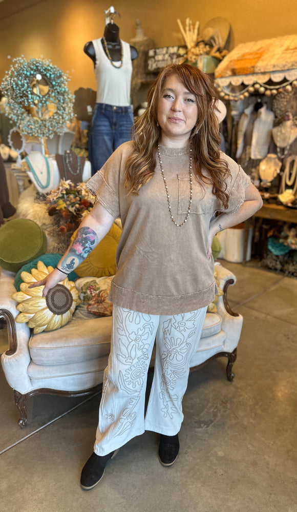 Oatmeal Embroidered Twill Pant