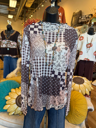 Patchwork Print Mesh Top