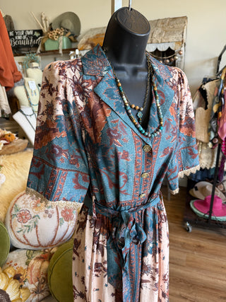 Teal Blue Floral Print Midi Dress