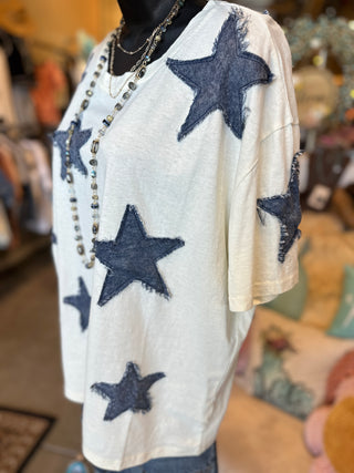 Frayed Denim Star Tee in Beige or White