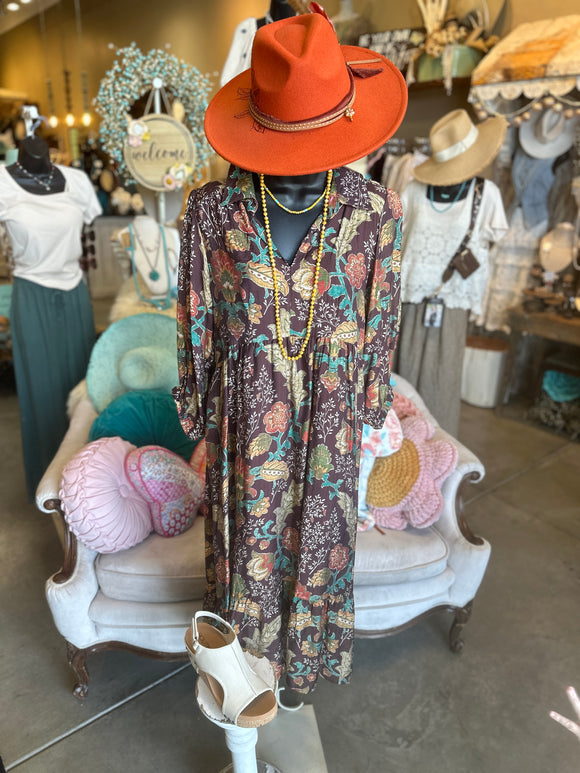 Brown Mixed Floral Midi Dress