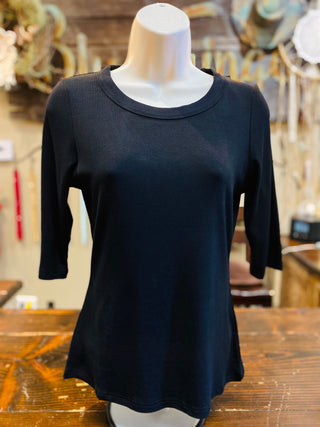 Rib Knit 3/4 Sleeve Top in Black, Taupe,  Ivory, Apricot or Pink