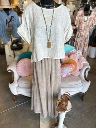 Linen Rolled Sleeve Top in Beige, Brown or Khaki