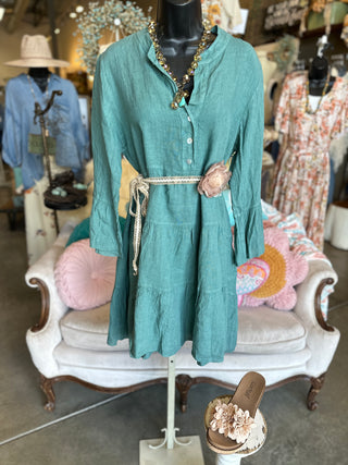 Tiered Linen Dress in Beige, Duck Green or Khaki