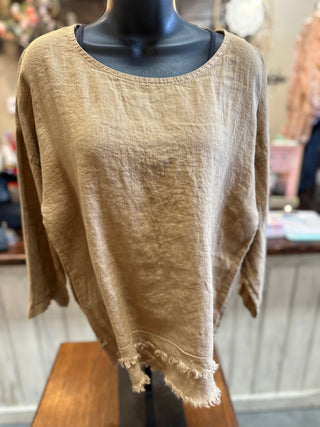 Linen 3/4 Sleeve Fringed Blouse in Black, Camel, Duck Green, White and Khaki