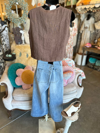 Stitched Linen Vest In Brown or Camel