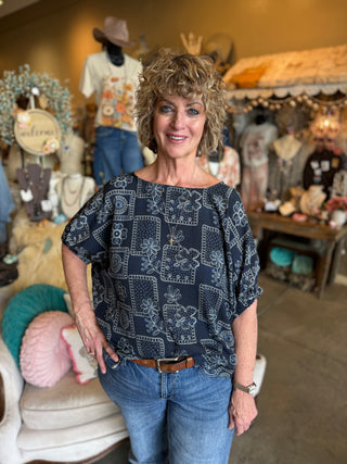 Navy Floral Patchwork Top