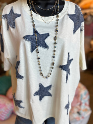 Frayed Denim Star Tee in Beige or White
