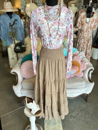Linen Tiered Skirt in Camel