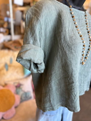 Linen Rolled Sleeve Top in Beige, Brown or Khaki
