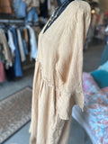 Linen and Crochet Midi Dress in Camel