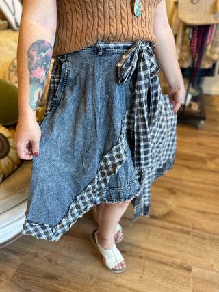 Navy Plaid Denim Skirt