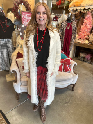 Ivory Long Cardigan with Shaggy Trim
